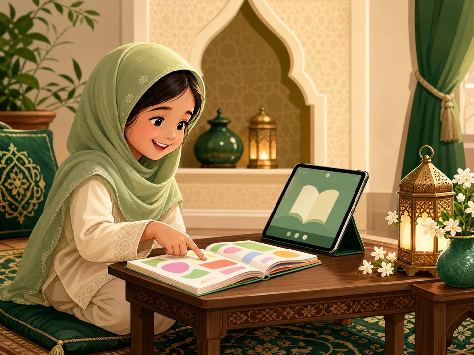 ایک بچی گھر پر قاعدہ پڑھ رہی ہے، ساتھ ٹیبلٹ پر آن لائن کلاس